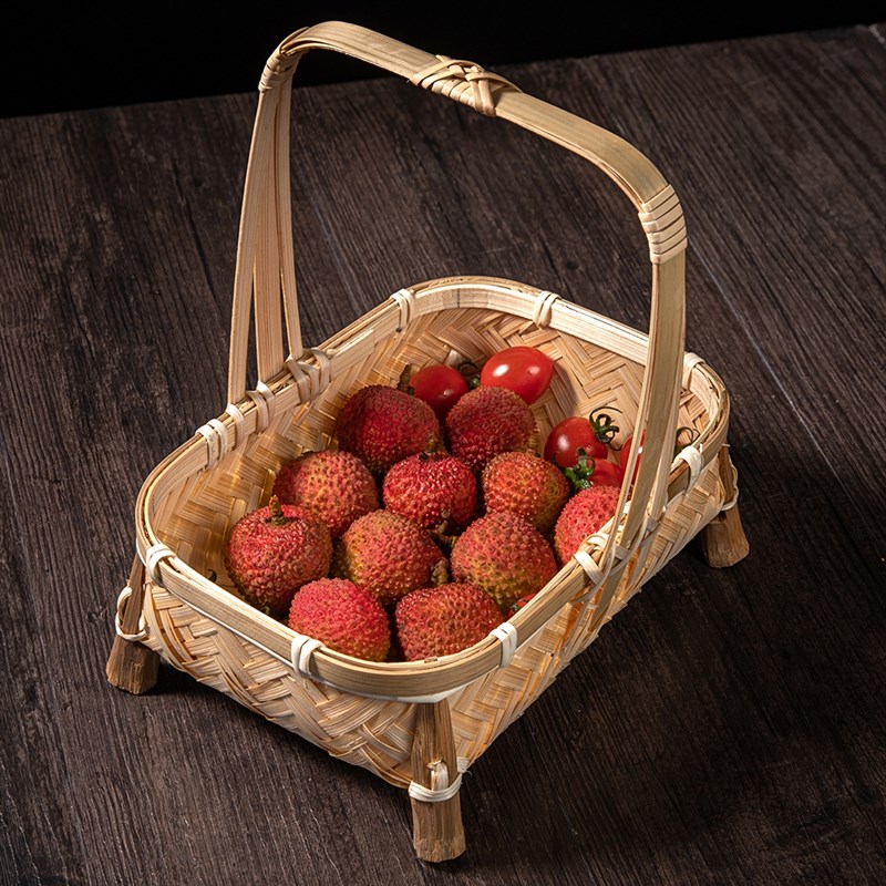 竹编复古编织篮子手提篮桌面创意手工小竹篮家用茶点水果糕点托盘