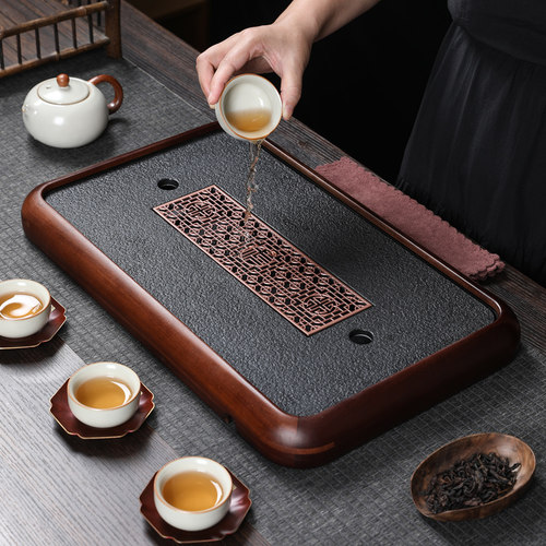 花梨色小型茶台蓄排一体小茶托家用中式茶盘茶海简约原竹小干泡盘