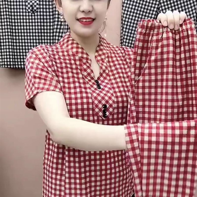 2024夏季新款妈妈装夏装两件套中老年宽松显瘦格子T恤短袖套装女