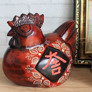 饰摆件储蓄罐木雕家居创意礼品存钱罐 大号十二生肖鸡工艺品客厅装