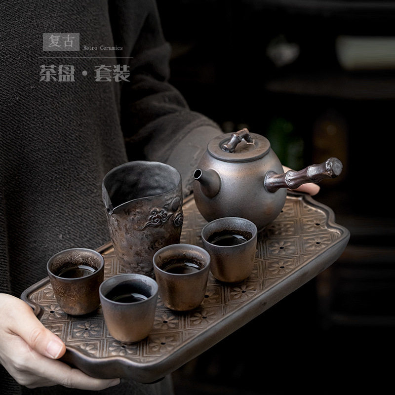 遇素复古窑变茶具套装家用仿古茶壶茶杯带茶盘整套客厅泡茶小套组