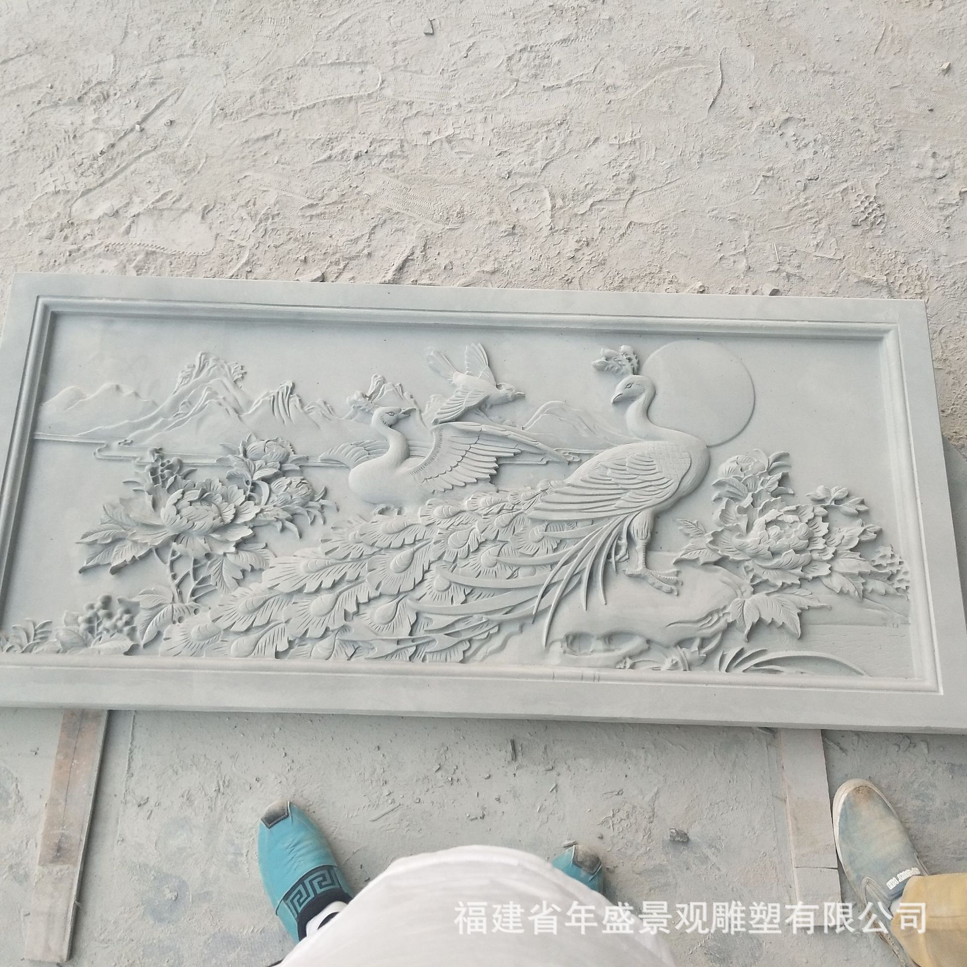 青石仿古孔雀牡丹浮雕壁画