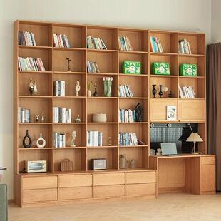 北欧全实木满墙书架樱桃木一体书柜书桌原木家具去客厅化图书馆