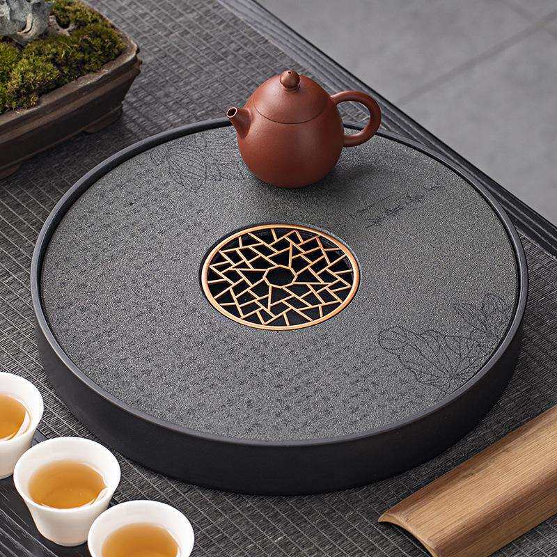 茶盘陶瓷吸水家用泡茶台圆形复古风茶盘客厅速干储水茶台茶海托盘