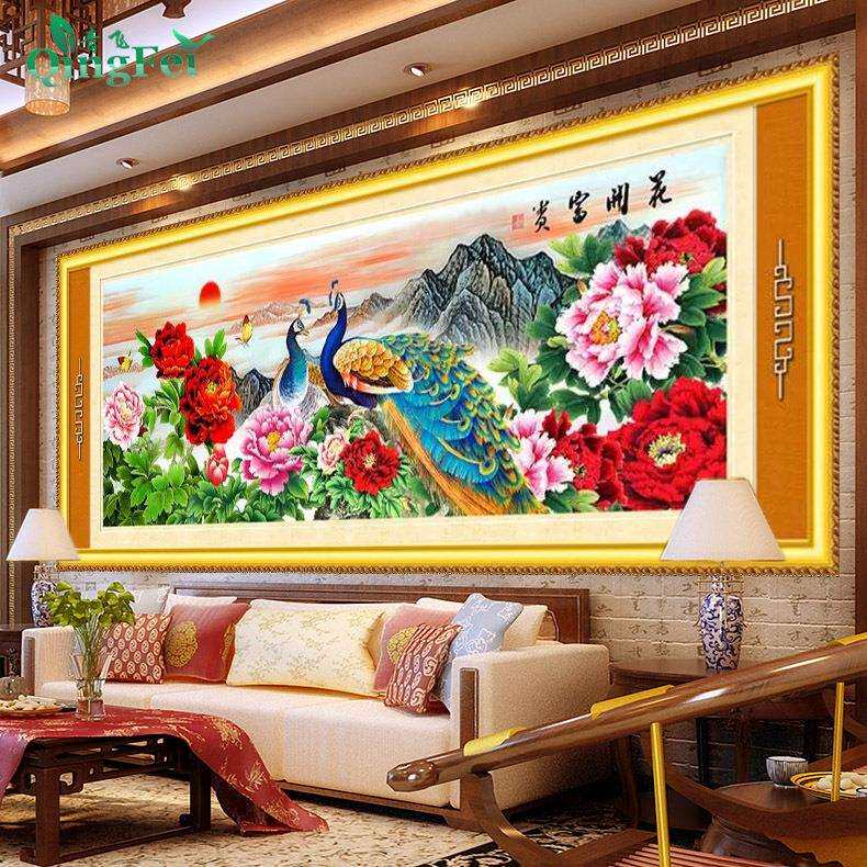 青飞5D精准花开富贵孔雀十字绣牡丹孔雀图十字绣客厅大幅丝线