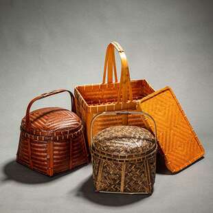 中式复古竹编食盒家用带盖手工收纳竹篮紫竹野餐手提篮圆形茶道篮