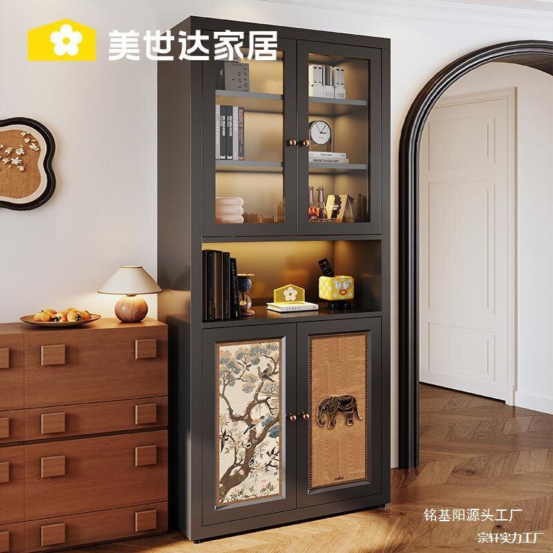 中古风组合书柜展示家用客厅钢制书架落地置物架铁艺玻璃门