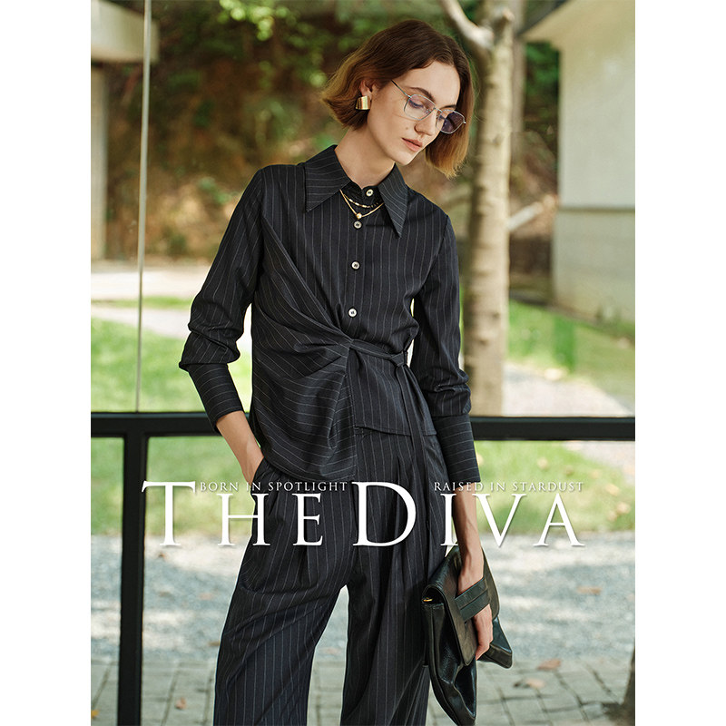 THE DIVA董璇赵柯同款/现货/老钱条纹衬衫/长裤早秋通勤系带衬衣,女装/女士精品,衬衫,淘宝优惠券,粉丝福利购,淘宝优惠卷