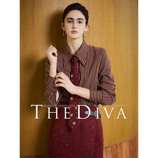 DIVA 短款 经典 新疆长绒棉三角下摆设计条纹衬衫 通勤衬衣 酒红 THE