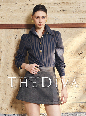 THE DIVA现货/新疆长绒棉 时髦收腰衬衫经典条纹三角下摆短款衬衣