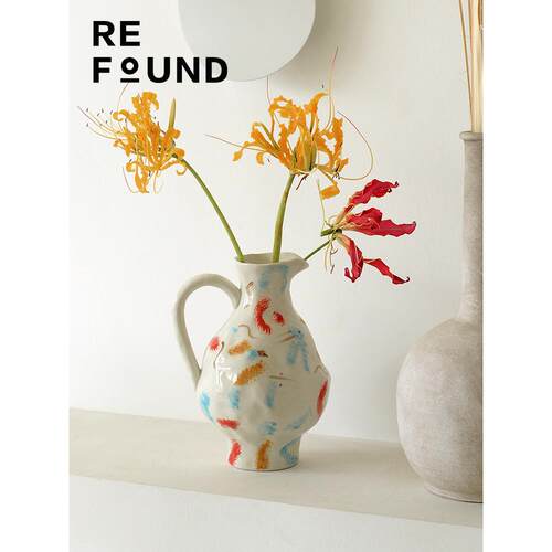 Refound手工彩绘手捏把手花瓶客厅餐厅民宿商用展厅装饰摆件小众