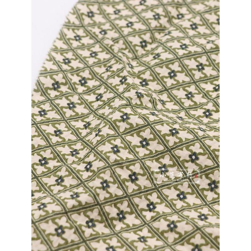 绿色系棱形格子复古印花布料 纯棉盐缩皱感面料 夏季薄款不透服装