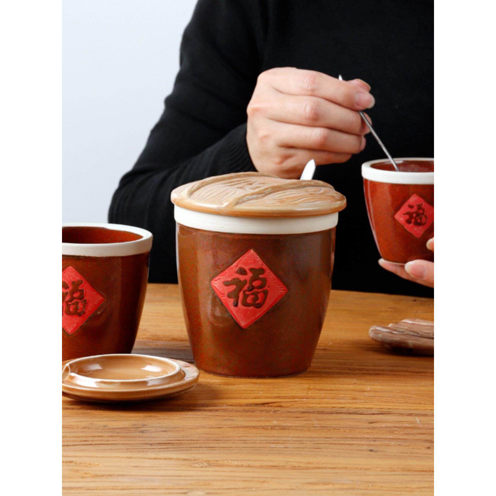 创意厨房调料缸红色福字缸中式餐厅调味罐水杯酱缸带盖油盐酱醋罐
