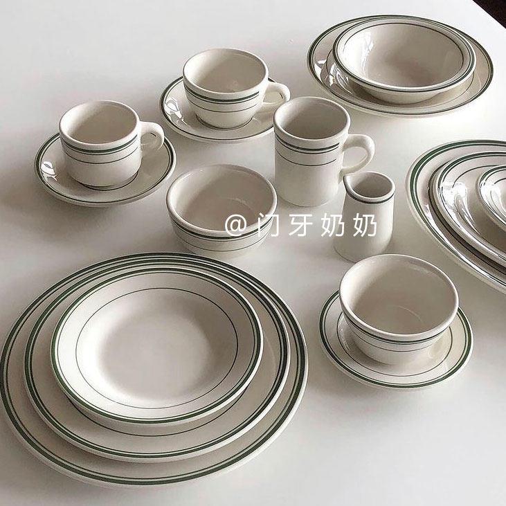 ins韩国网红绿色线条牛排盘甜品圆盘蛋糕盘陶瓷盘早餐平盘咖啡厅