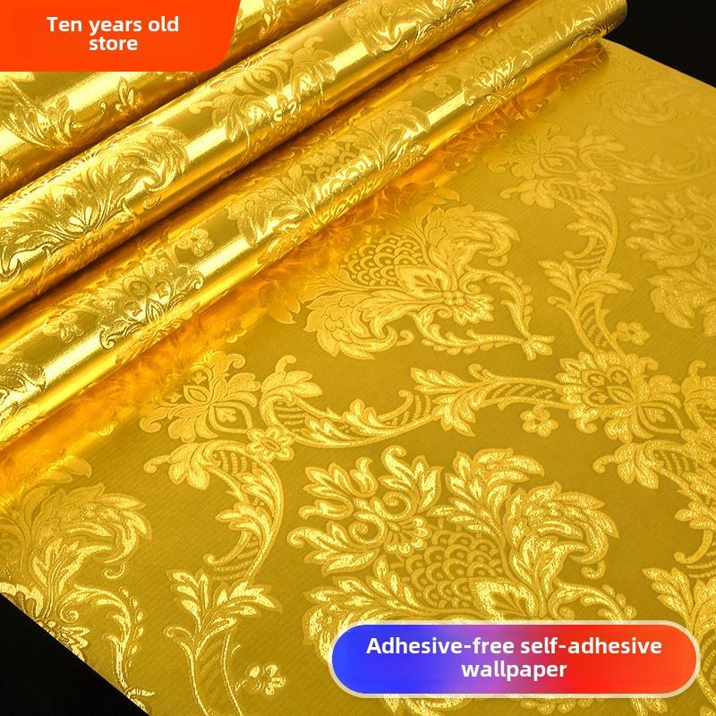 欧式大马士革金箔自粘墙纸金黄金色墙贴纸自贴反光天花板吊顶壁纸