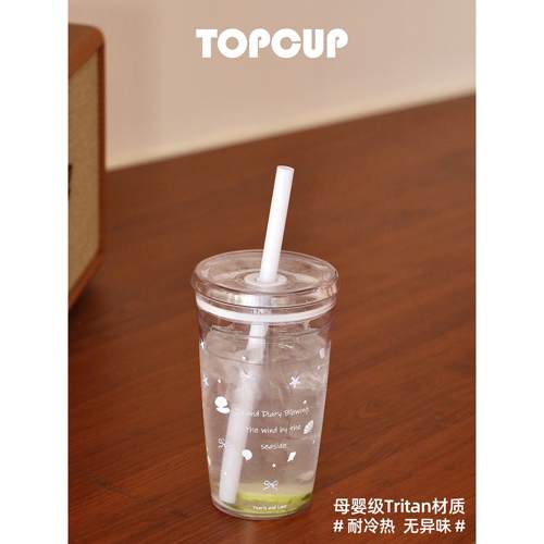 TOPCUP原创tritan耐高温塑料咖啡大容量女高颜值桌面带盖水杯子