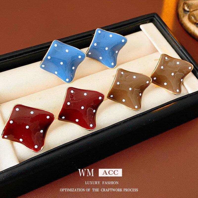 波点脸耳环时尚方形银针小众方圆百搭设计感简约耳饰耳钉波浪个性