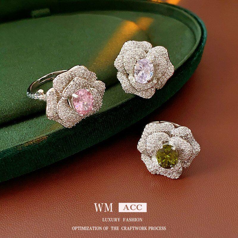 锆石花朵高级感批发戒轻奢椭圆百搭小众开口手饰精致戒指超闪食指