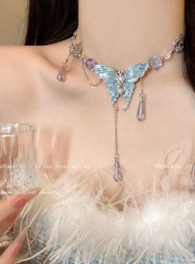 配饰女款ins风重工蓝色水晶锁骨