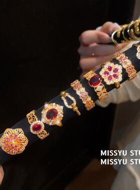 手饰锆石红色指环古风花朵女！