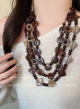 项链戴设计复古毛衣链小众木制多层叠波西米亚风圆形方形串珠做旧