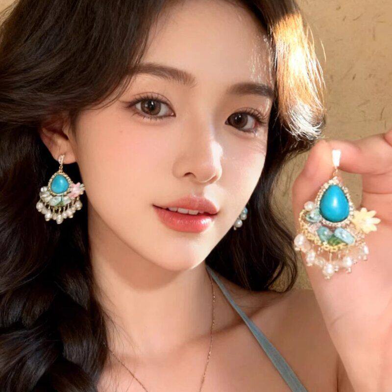耳饰女时尚绿松石耳钉气质925耳坠精致吊坠民族风度假风银针流苏