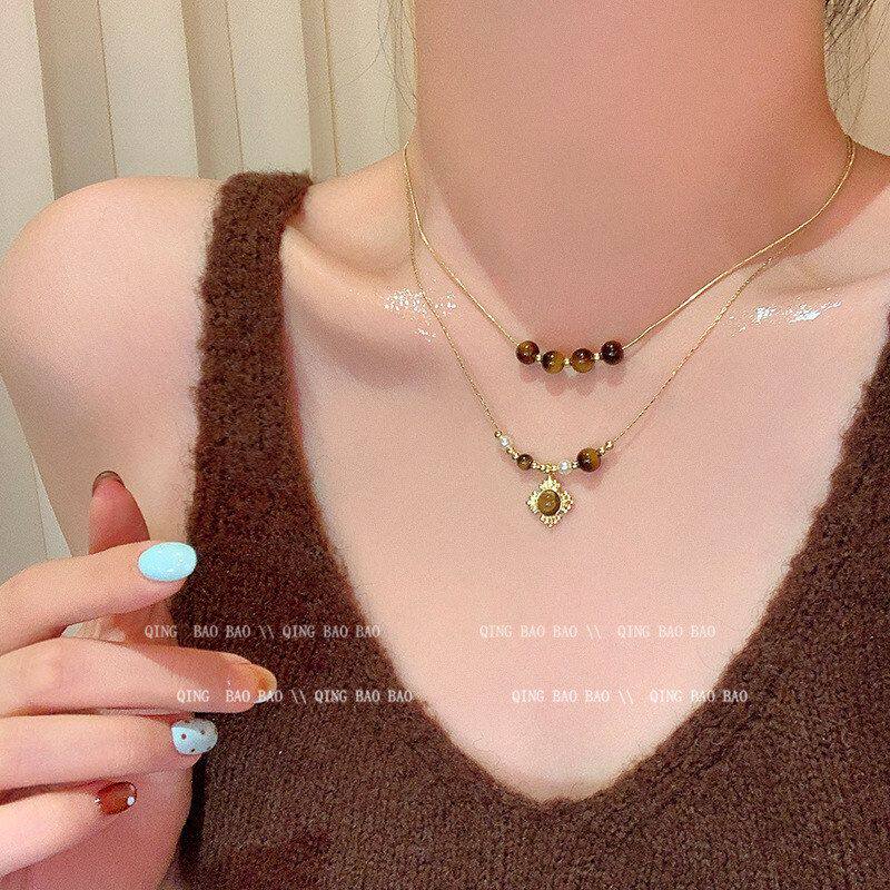 高级感虎眼石层叠轻奢美拉德配饰秋冬双项链小众戴女款毛衣链复古