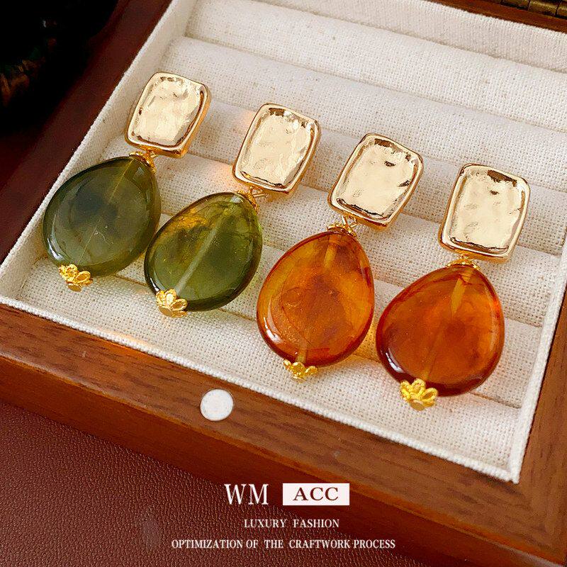 耳钉跨境吊坠耳环复古水滴形耳饰高级感褶皱方形轻奢夸张银针欧美