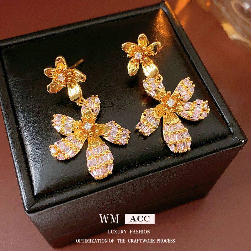 女小众高级感耳饰耳环吊坠复古耳钉花朵锆石银针批发百搭精致轻奢