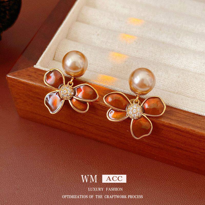 花朵优雅气质吊坠珍珠个性滴油锆石美拉德耳环复古独特耳钉女设计