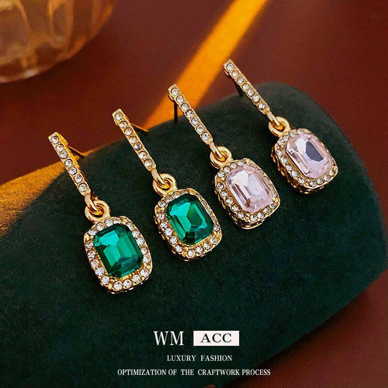 时尚批发耳饰镶钻气质韩国耳钉祖母绿厂家耳环高级感方形银针轻奢