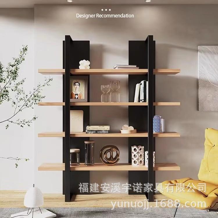 原木风铁艺书架置物架落地式靠墙现代简约客厅实木多层收纳展示架