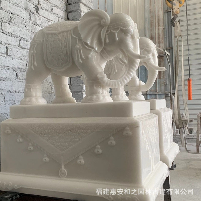 花岗岩芝麻白石雕大象造型 石头大象鼻卷元宝寓意好 石材任选