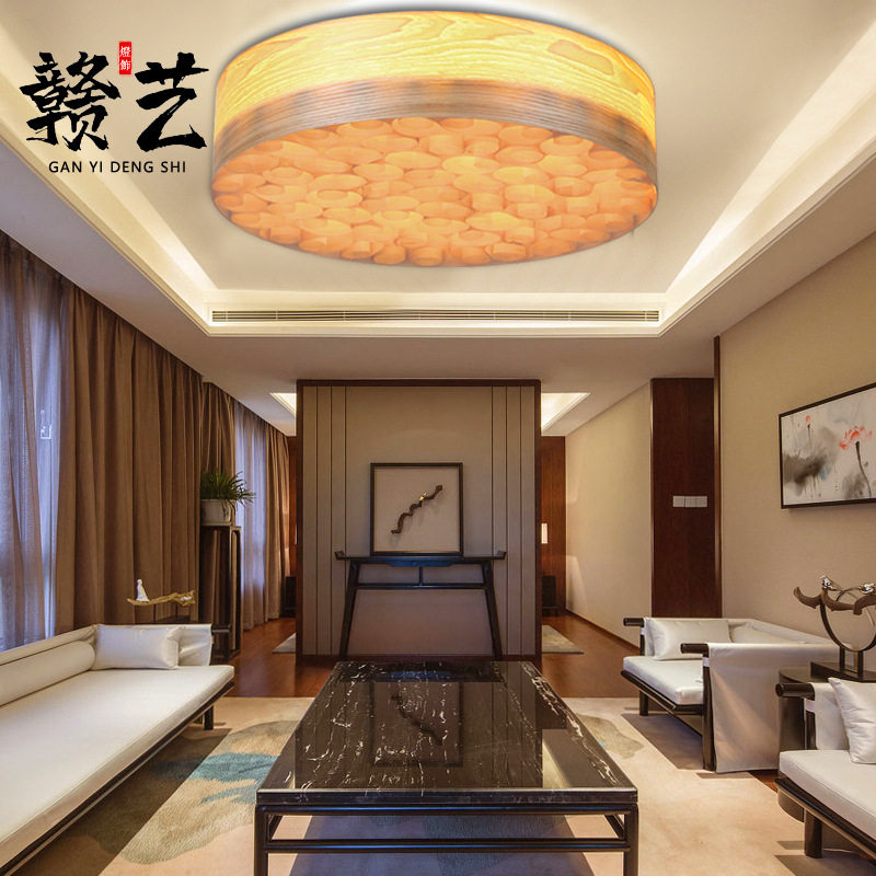 新中式实木吸顶灯复古客厅卧室灯茶楼酒楼客栈圆形木艺吸顶灯具