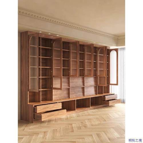 书架樱桃木一体满墙书柜带卡座拱形玻璃门客厅樱桃木组合书架