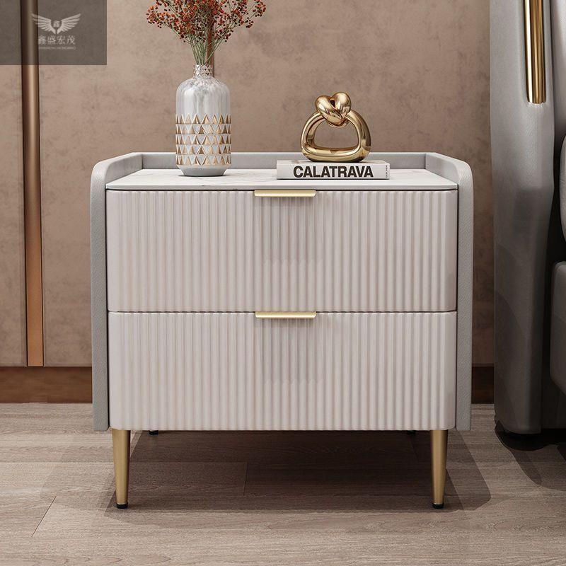 北欧整装皮质小型卧室边柜岩板实木床头柜现代轻奢简约网红高级感