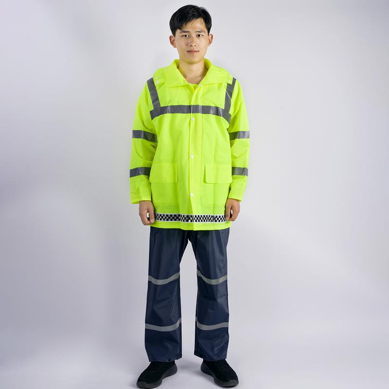 荧光绿优质反光条防水PVC工人安全全身雨衣套装