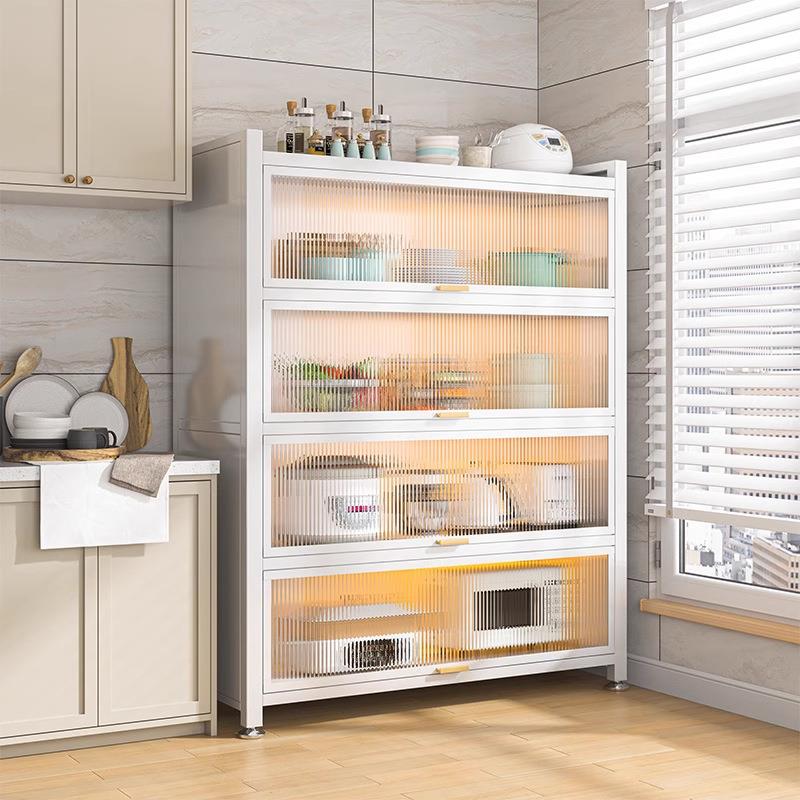 厨房多功能置物架落地多层家用防尘收纳柜微波炉橱柜带门储物碗柜