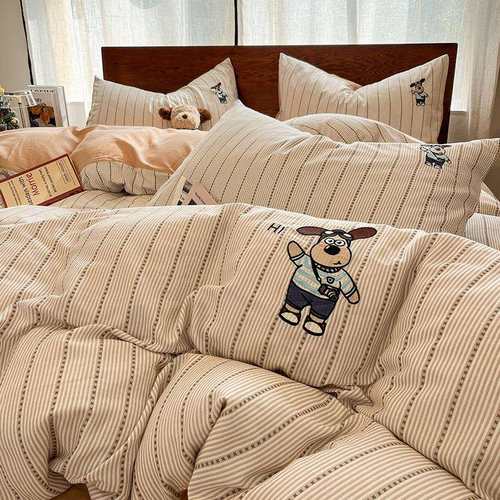 A类全棉双层纱四件套100纯棉卡通刺绣被套宿舍床单三件套床上用品