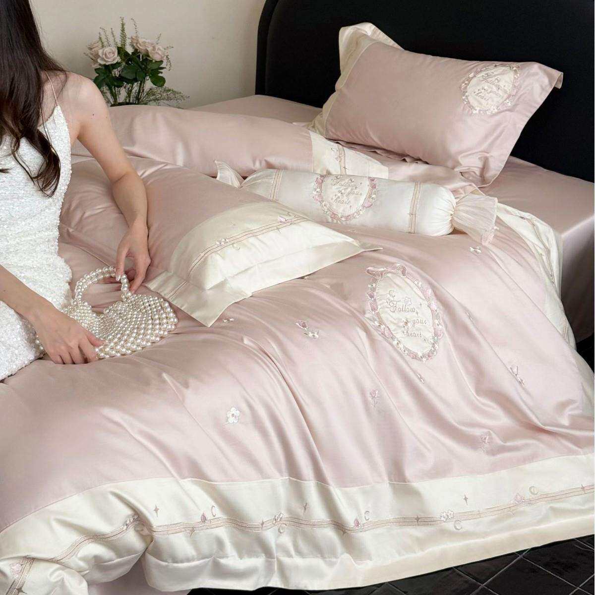 法式浪漫100S高支全棉四件套丝滑长绒棉贡缎粉色女生纯棉被套床单