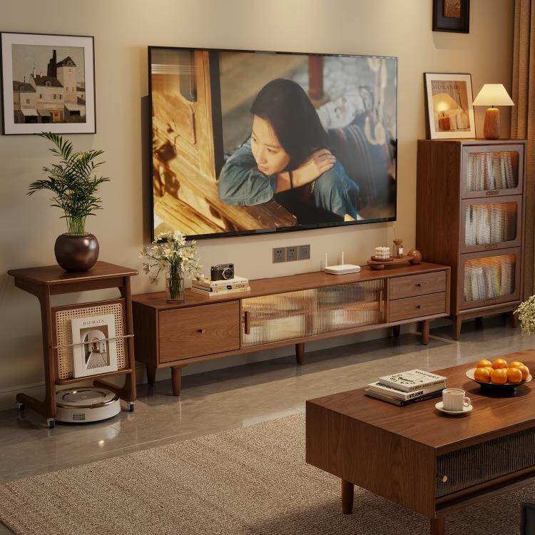 实木电视柜中古风落地收纳储物一体客厅家用胡桃色落地柜边柜