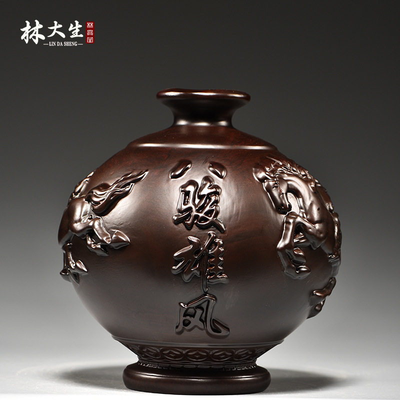 黑檀木雕八骏雄风花瓶摆件马到成功客厅插花装饰家居实木质工艺品