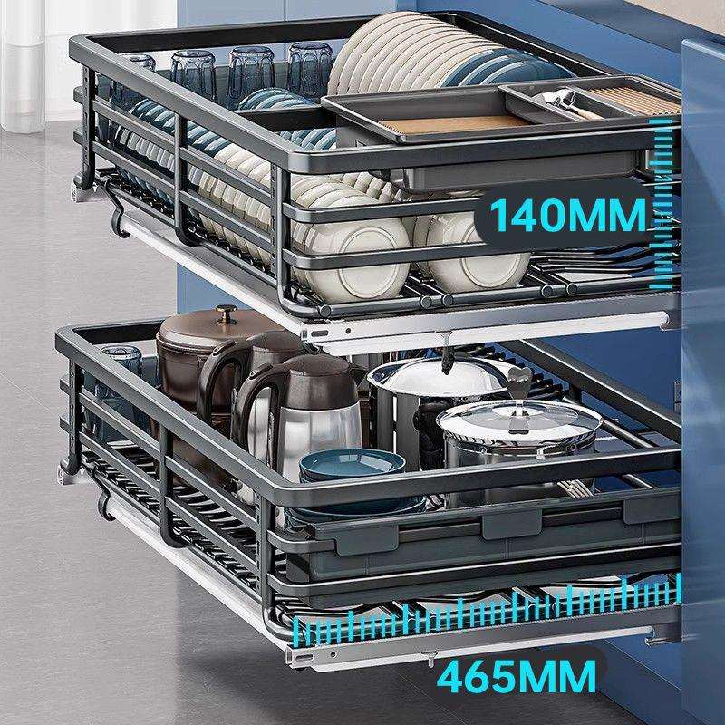 拉篮厨房橱柜抽屉式双层放碗筷碟盘架不锈钢调料收纳置物架蓝包邮