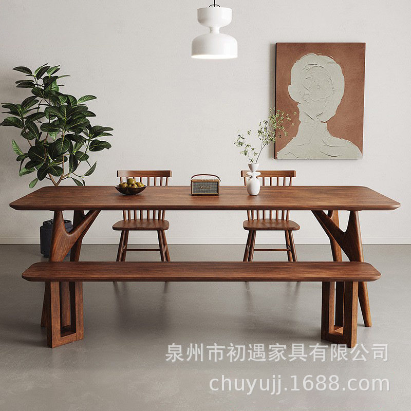 胡桃色北欧实木餐桌椅组合原木长条桌工作台家用餐书一体吃饭桌