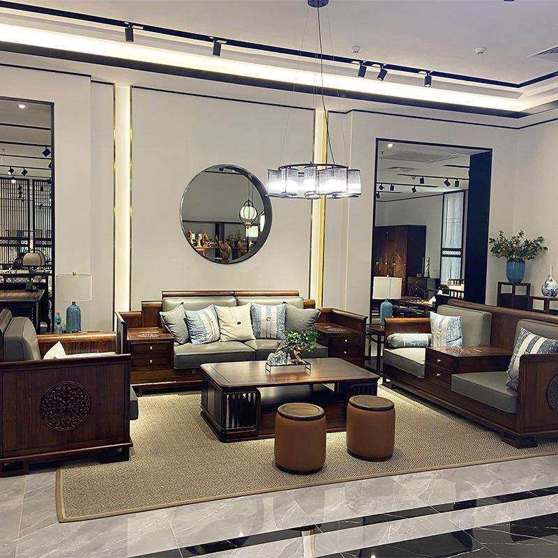 新中式实木沙发组合现代古典别墅高端大小户型客厅乌金木真皮家具