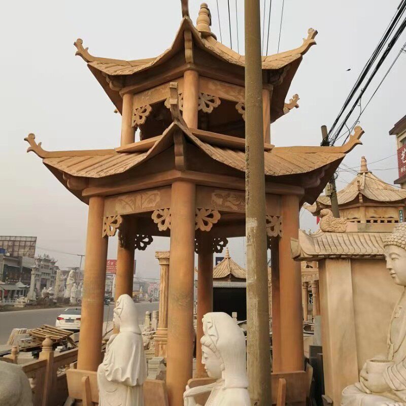 石亭子花岗岩六角亭子长廊晚霞红欧式凉亭别墅公园小区景观石亭子