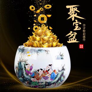 新中式家居玄关摆件陶瓷聚宝盆粉彩瓷山水百子图仿古加厚笔洗大号
