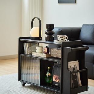 实木边几小茶几可移动客厅沙发侧边柜家用黑色小推车储物柜置物架