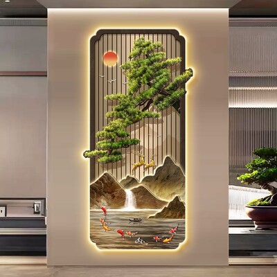 流水生财新中式入户玄关装饰挂画迎客松山水画走廊过道壁画高级感