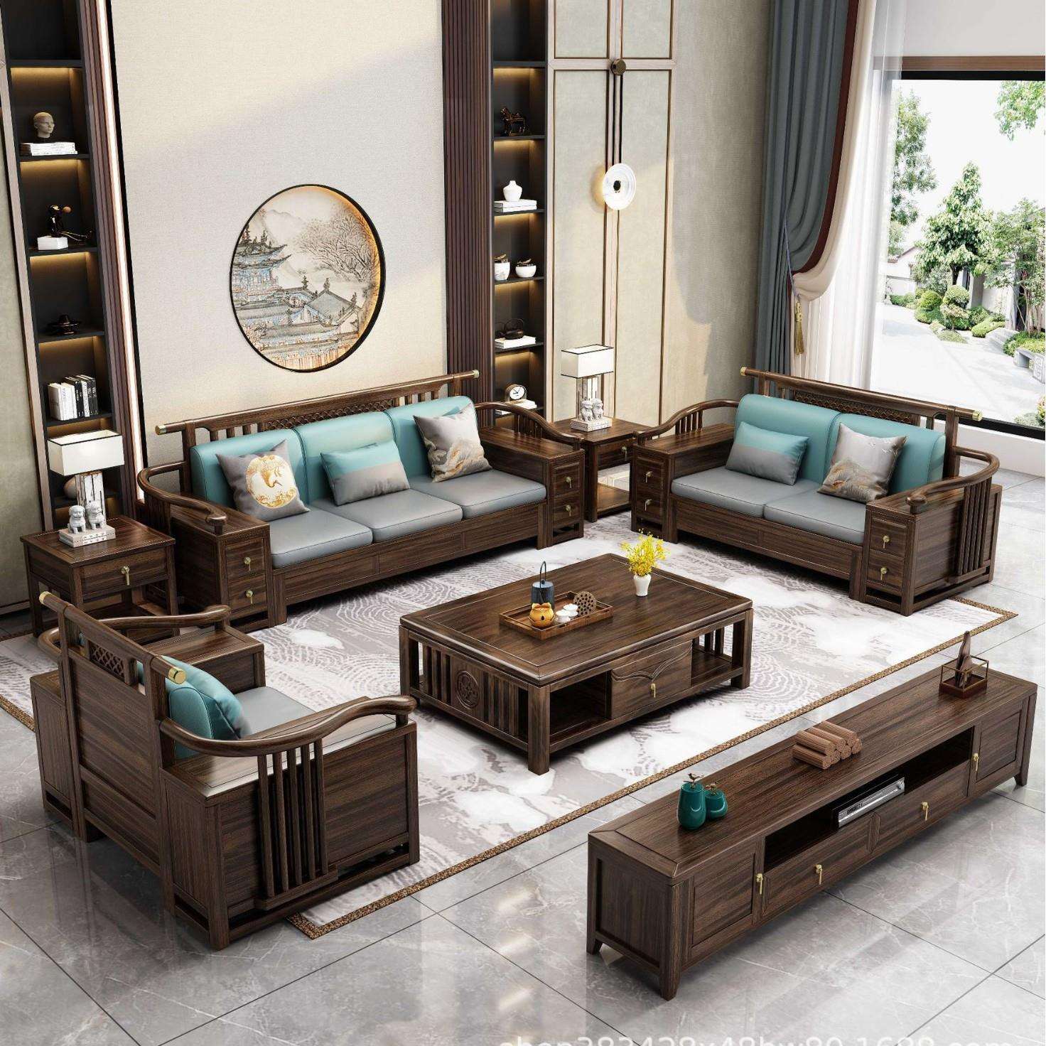 606#实木中式大户型组合两用格木沙发新款古典简约冬夏客厅家